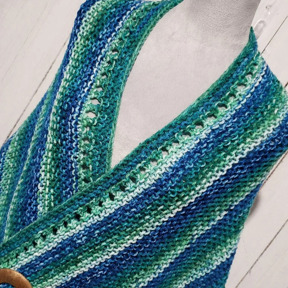 NEW Blue Green Ombre‎ Hand Knitted Shawl Wrap Scarf Boho Coastal Indie Artsy Mod